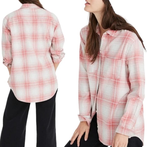 Madewell Tops - Madewell Flannel Shirt Womens XXS Pink Beige Cozy Plaid Oversized Long Sleeve